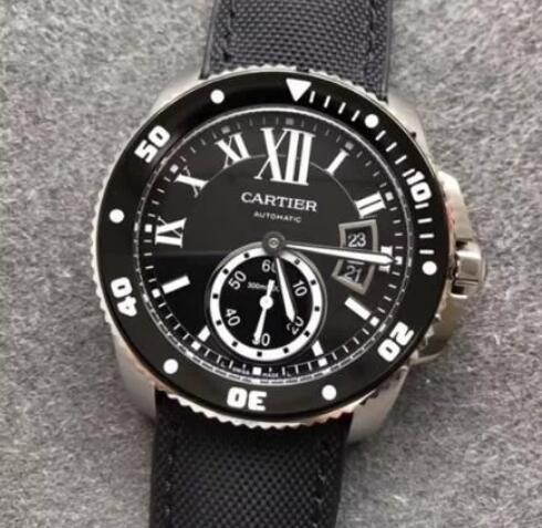 The white hands and hour markers are striking on the black dial.