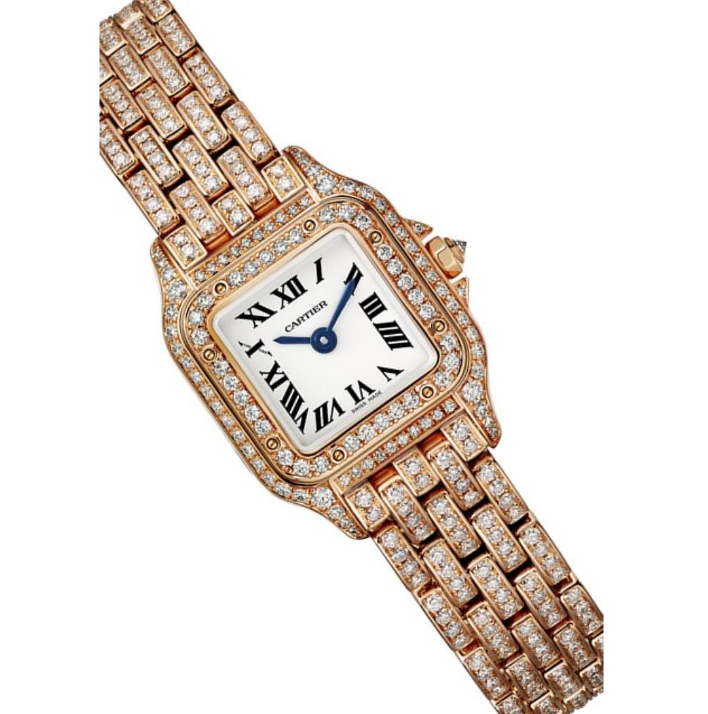 The 18k rose gold fake watch is decorated with diamonds.